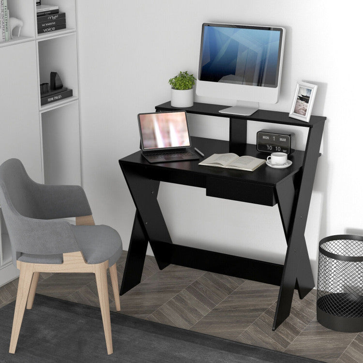 Small Computer Desk with Storage Drawer and Monitor Stand Riser for Home Office