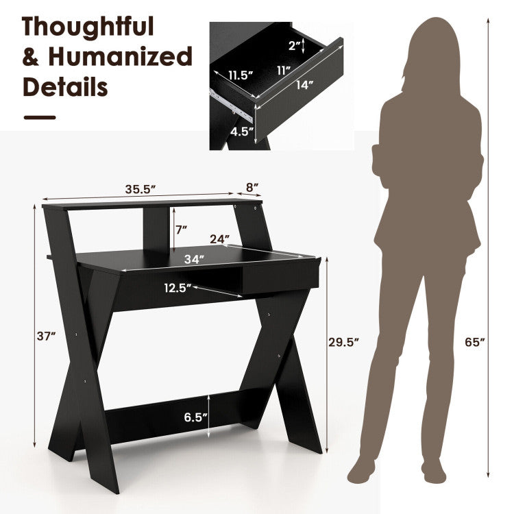 Small Computer Desk with Storage Drawer and Monitor Stand Riser for Home Office