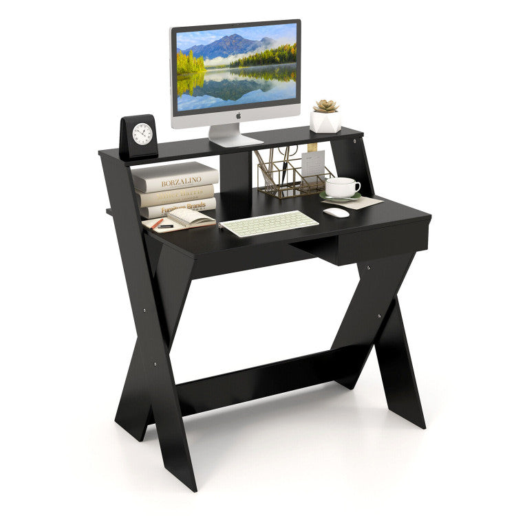 Small Computer Desk with Storage Drawer and Monitor Stand Riser for Home Office