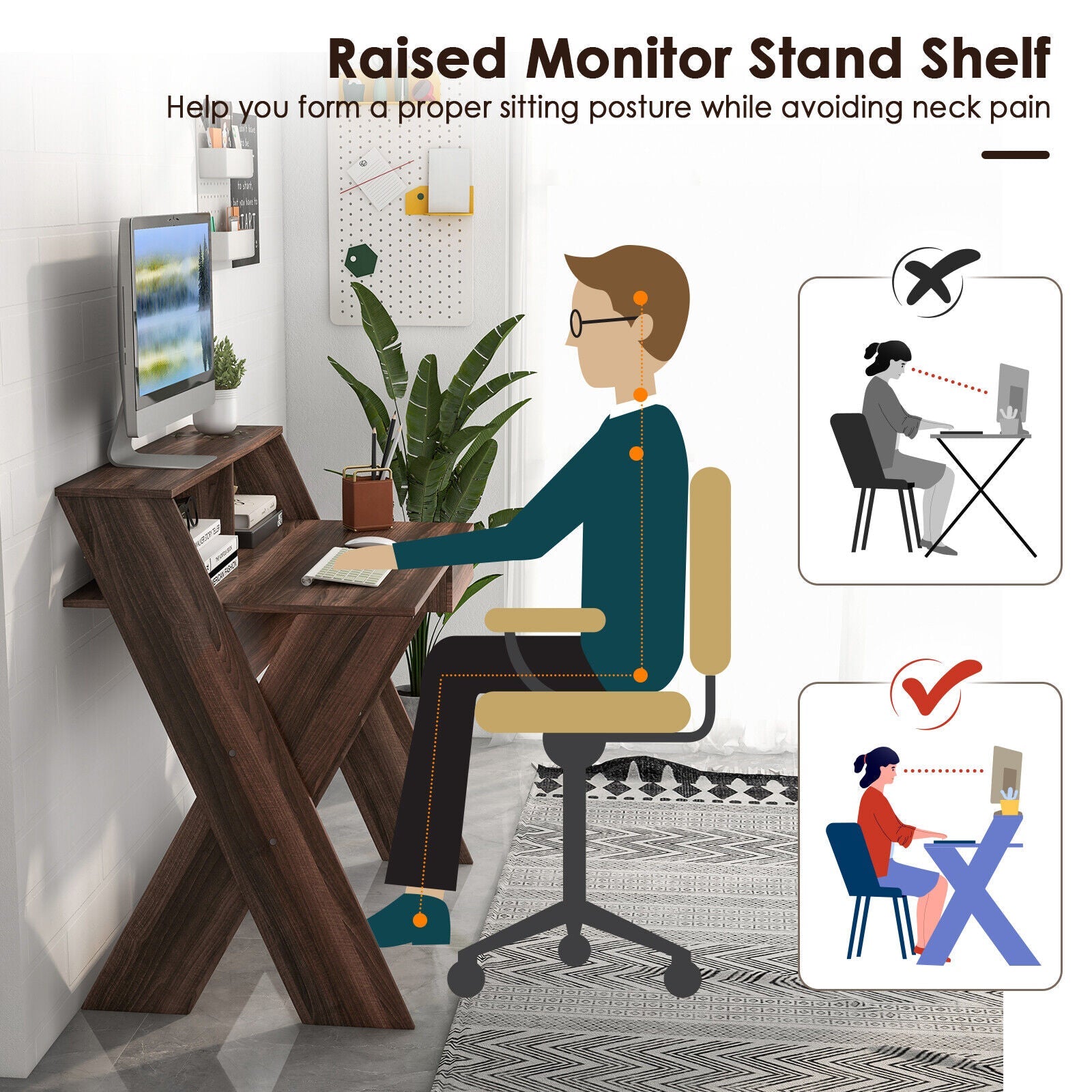 Small Computer Desk with Storage Drawer and Monitor Stand Riser for Home Office