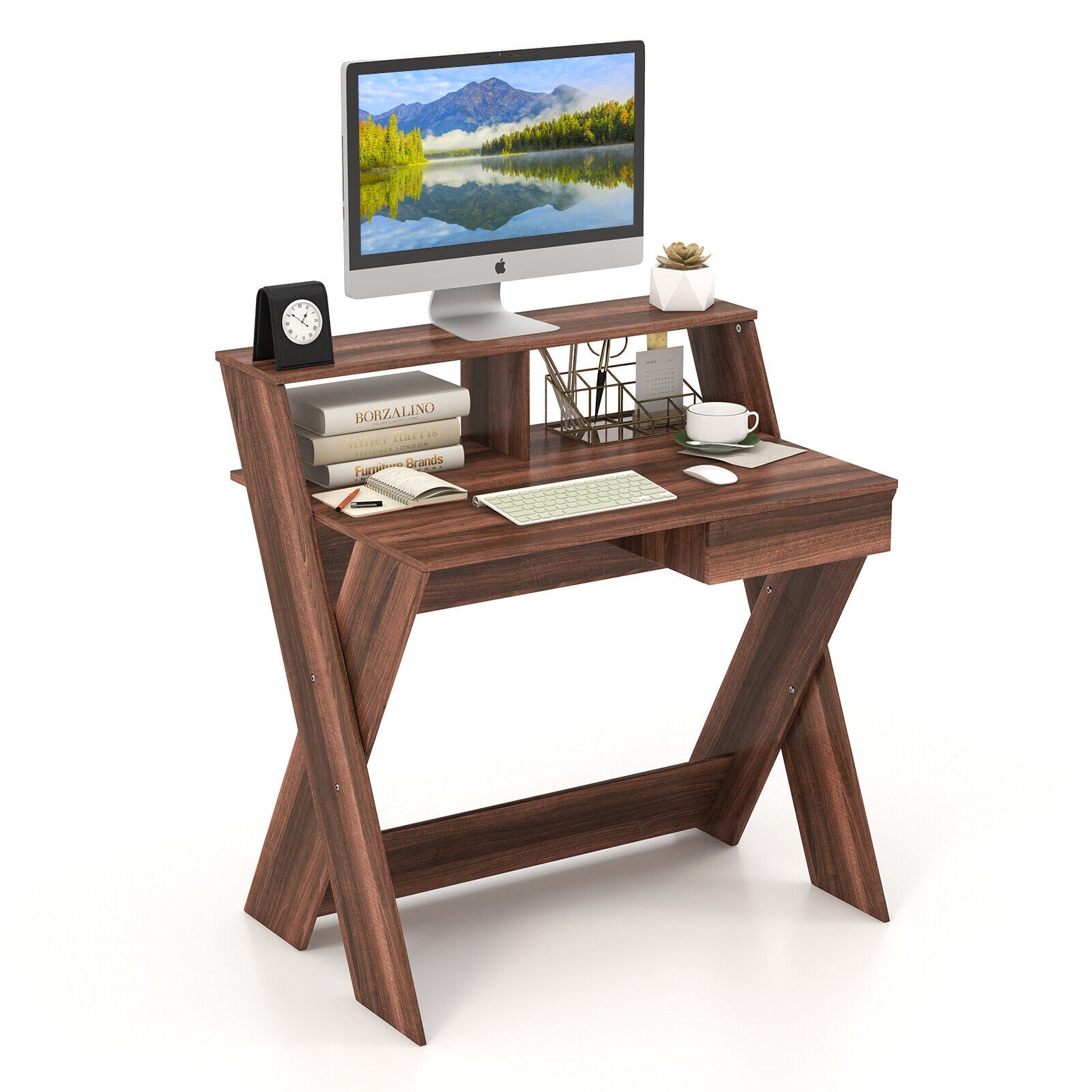 Small Computer Desk with Storage Drawer and Monitor Stand Riser for Home Office