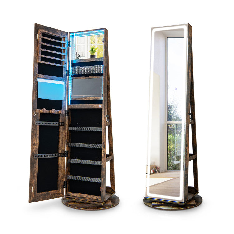 Standing Folding Jewelry Cabinet with Adjustable LED Lights and 360° Rotating Base