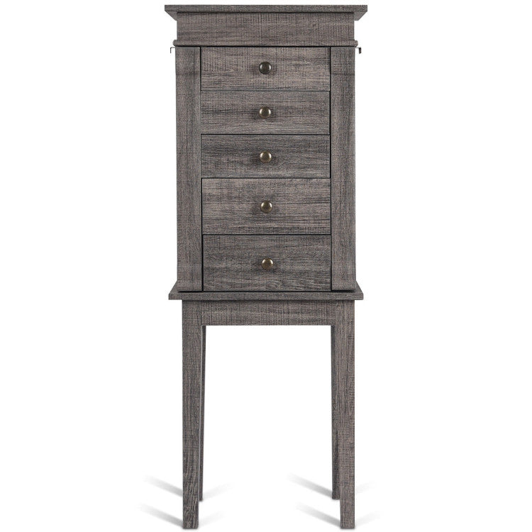 Standing Jewelry Cabinet with 5 Drawers and Top Flip Mirror