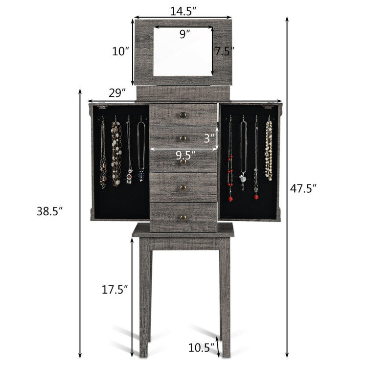Standing Jewelry Cabinet with 5 Drawers and Top Flip Mirror