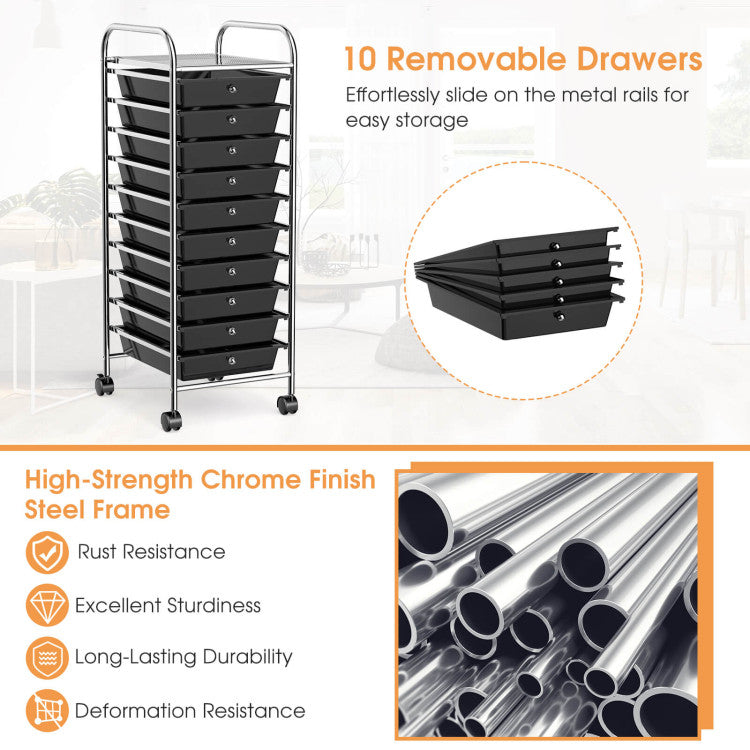 Storage Cart Organizer with 10 Compartments and Rolling Casters