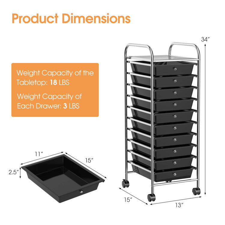 Storage Cart Organizer with 10 Compartments and Rolling Casters