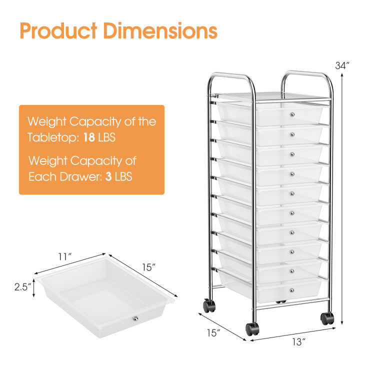 Storage Cart Organizer with 10 Compartments and Rolling Casters