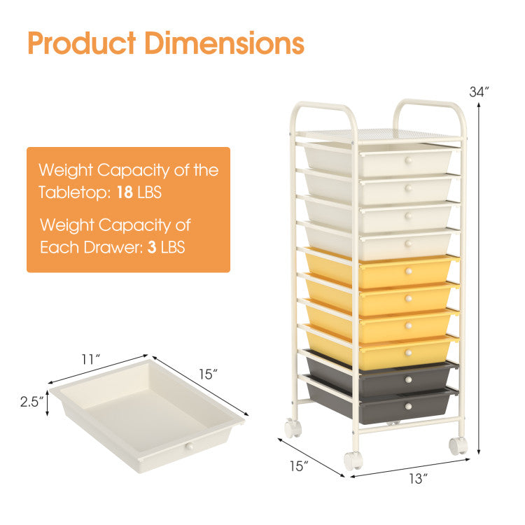 Storage Cart Organizer with 10 Compartments and Rolling Casters