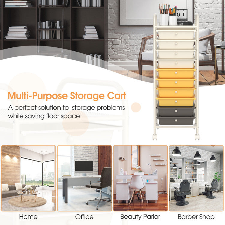 Storage Cart Organizer with 10 Compartments and Rolling Casters