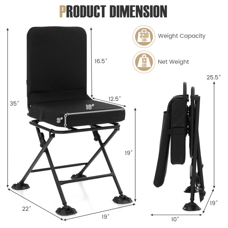 Swivel Folding Chair with Backrest and Padded Cushion for Camping, Fishing and Hunting