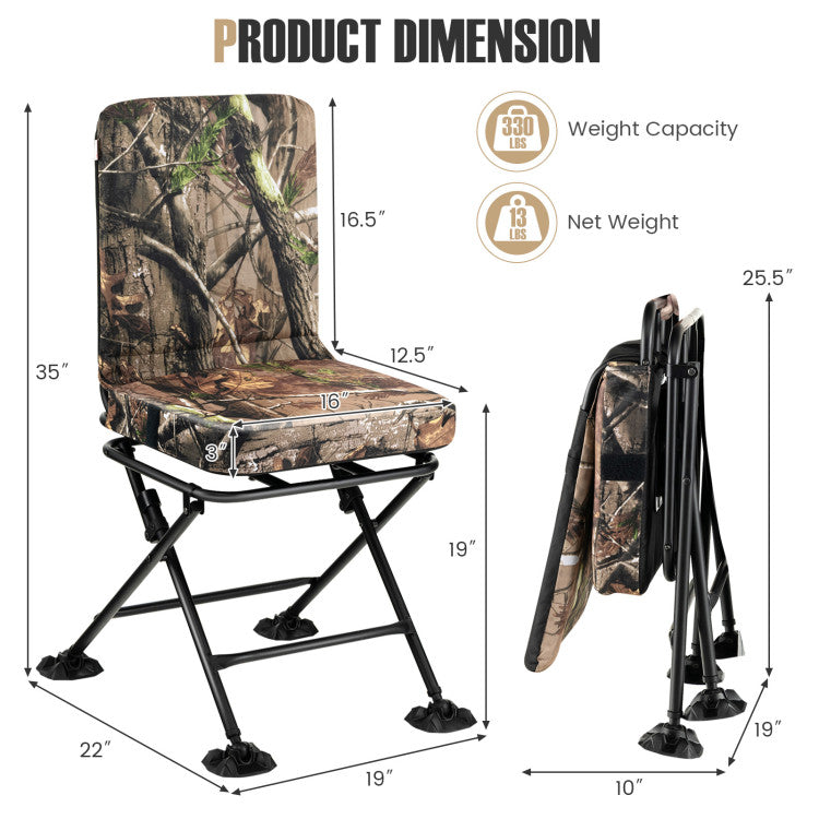 Swivel Folding Chair with Backrest and Padded Cushion for Camping, Fishing and Hunting