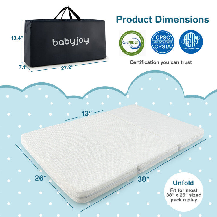 38 x 26 Inch Tri-fold Pack and Play Newborns Baby Mattress Pad with Carrying Bag