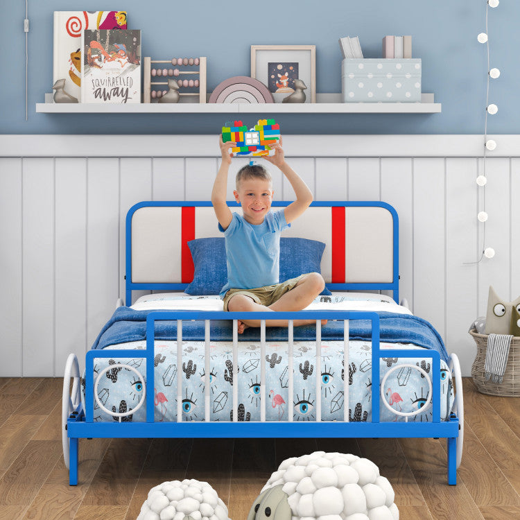 Twin Size Kids Bed Metal Frame Car Shaped with Upholstered Headboard