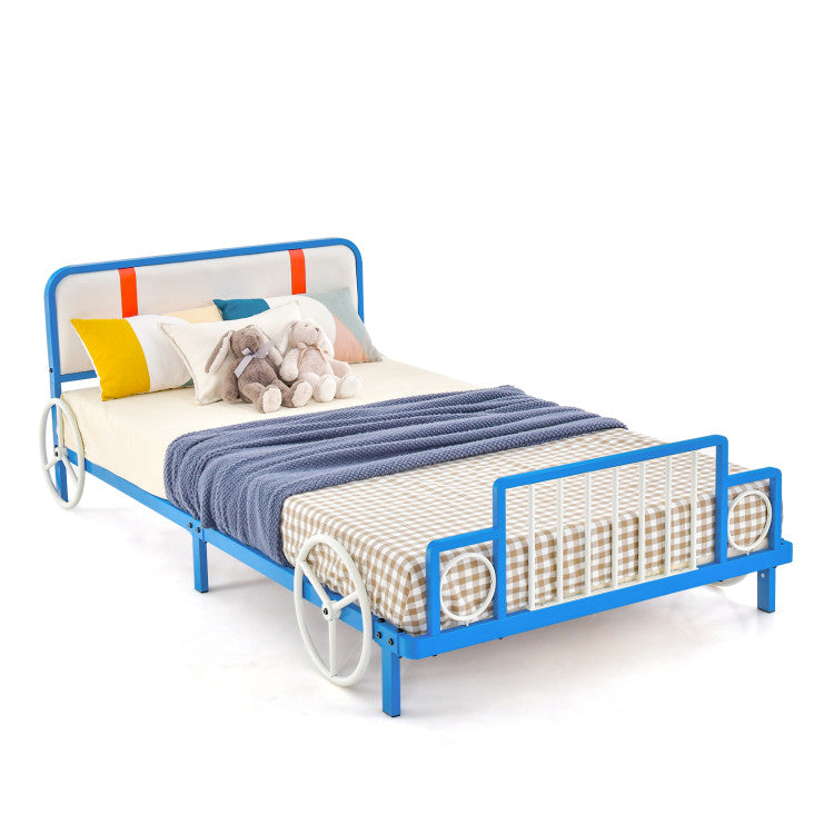 Twin Size Kids Bed Metal Frame Car Shaped with Upholstered Headboard