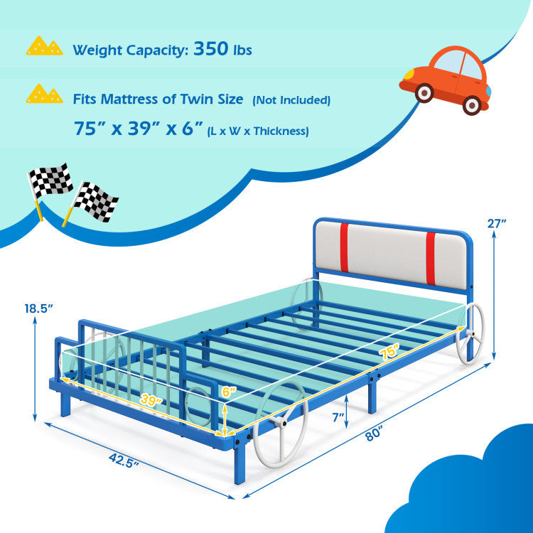 Twin Size Kids Bed Metal Frame Car Shaped with Upholstered Headboard