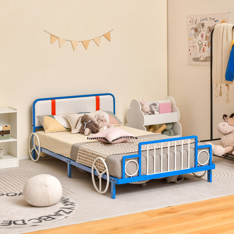 Twin Size Kids Bed Metal Frame Car Shaped with Upholstered Headboard