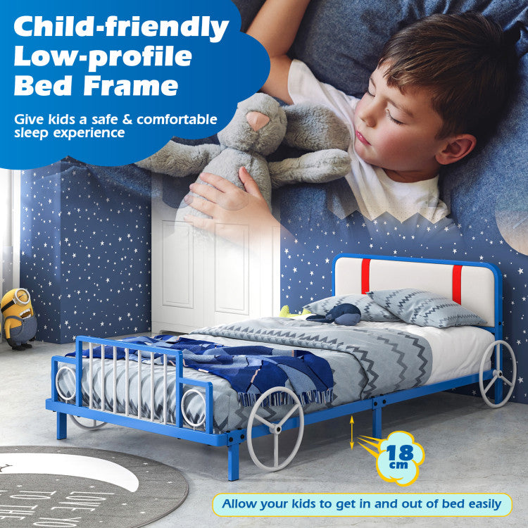 Twin Size Kids Bed Metal Frame Car Shaped with Upholstered Headboard