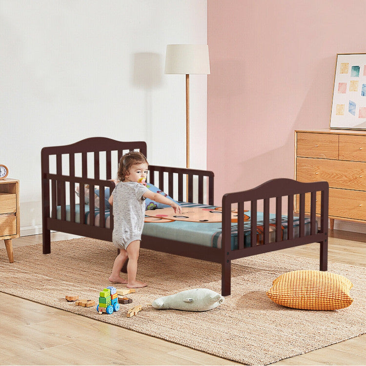 Wood Kids Toddler Bed Frame with Two Side Safety Guardrails for Rooms and Kindergarten