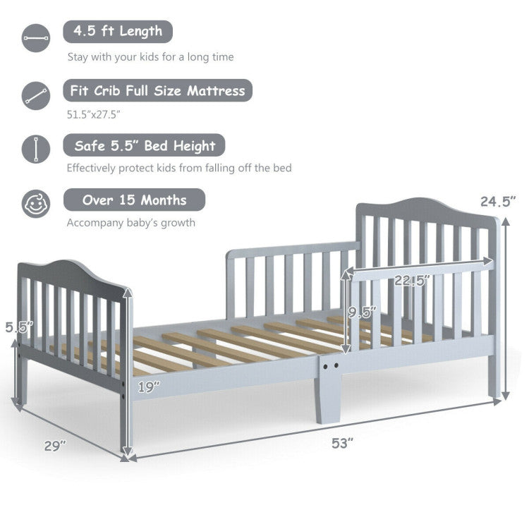 Wood Kids Toddler Bed Frame with Two Side Safety Guardrails for Rooms and Kindergarten