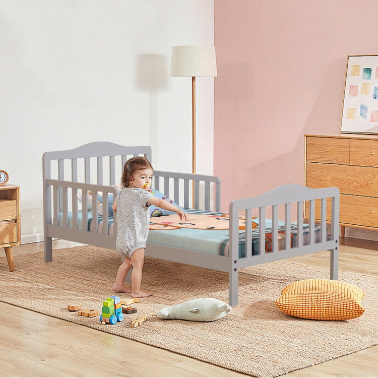 Wood Kids Toddler Bed Frame with Two Side Safety Guardrails for Rooms and Kindergarten