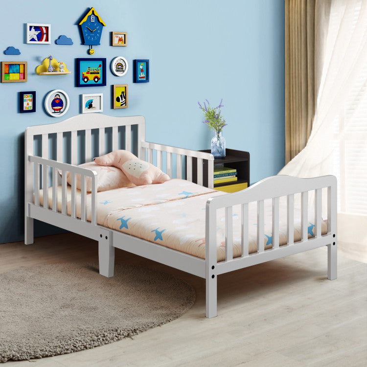 Wood Kids Toddler Bed Frame with Two Side Safety Guardrails for Rooms and Kindergarten