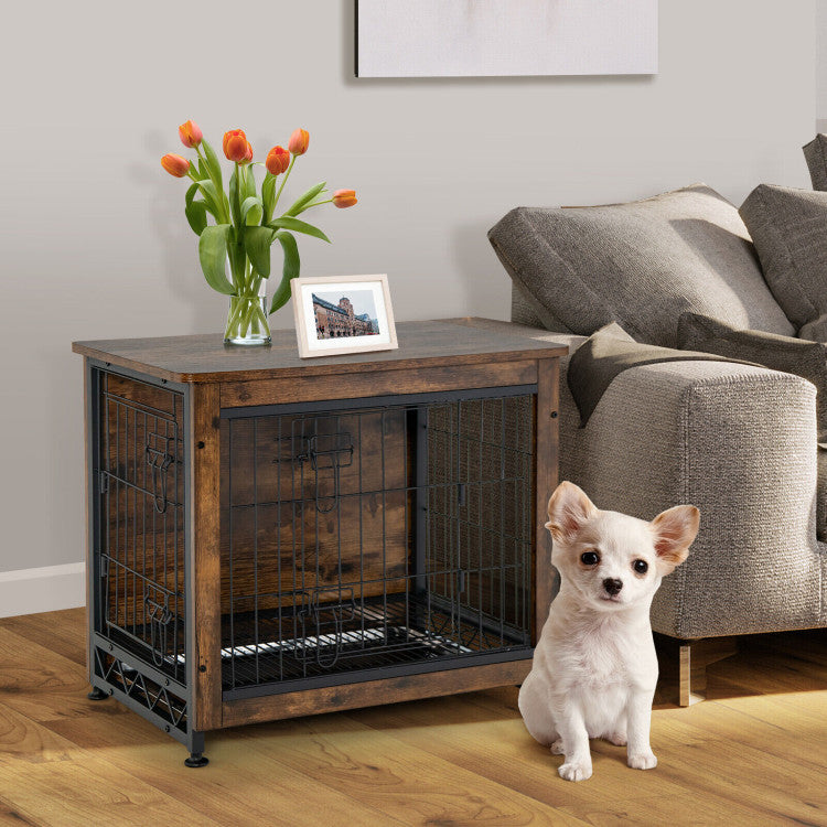 Wooden Dog Crate Furniture with Tray and Double Door