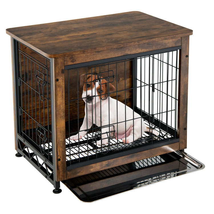 Wooden Dog Crate Furniture with Tray and Double Door