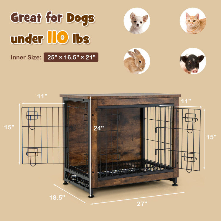 Wooden Dog Crate Furniture with Tray and Double Door