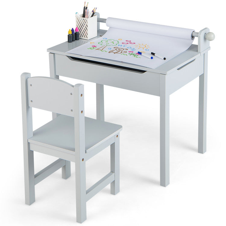 Wooden Kids Drawing Studying Table and Chair Set with Storage and Paper Roll Holder