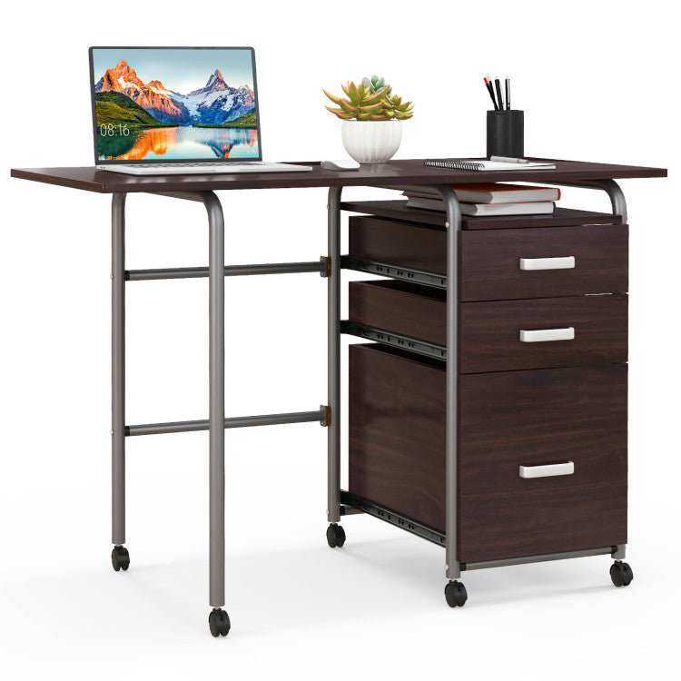 Home Office Folding Laptop Computer Desk with 3 Drawers and Wheels