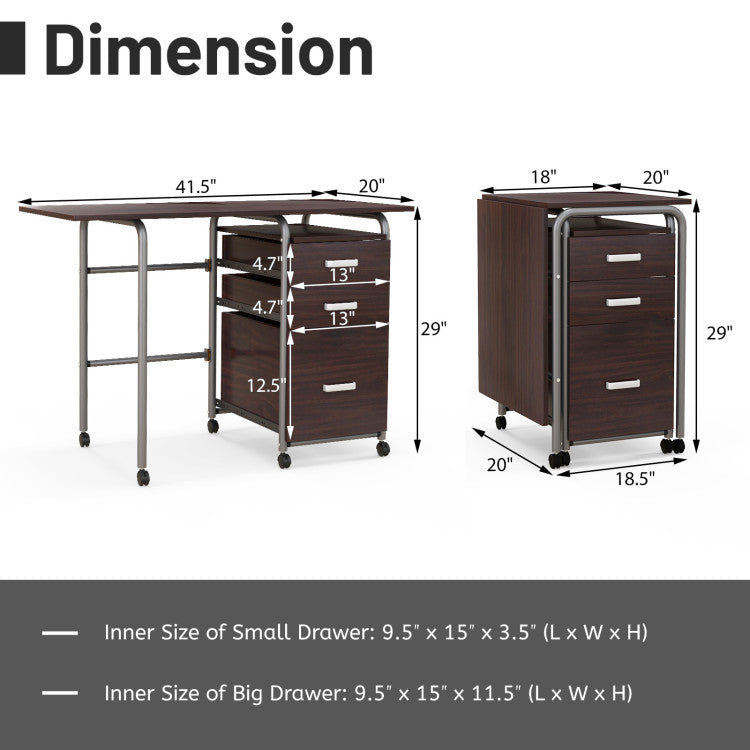 Home Office Folding Laptop Computer Desk with 3 Drawers and Wheels