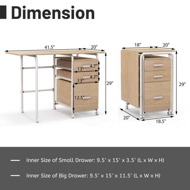 Home Office Folding Laptop Computer Desk with 3 Drawers and Wheels