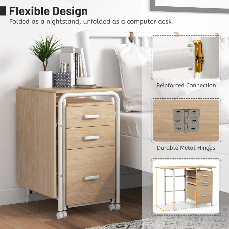 Home Office Folding Laptop Computer Desk with 3 Drawers and Wheels