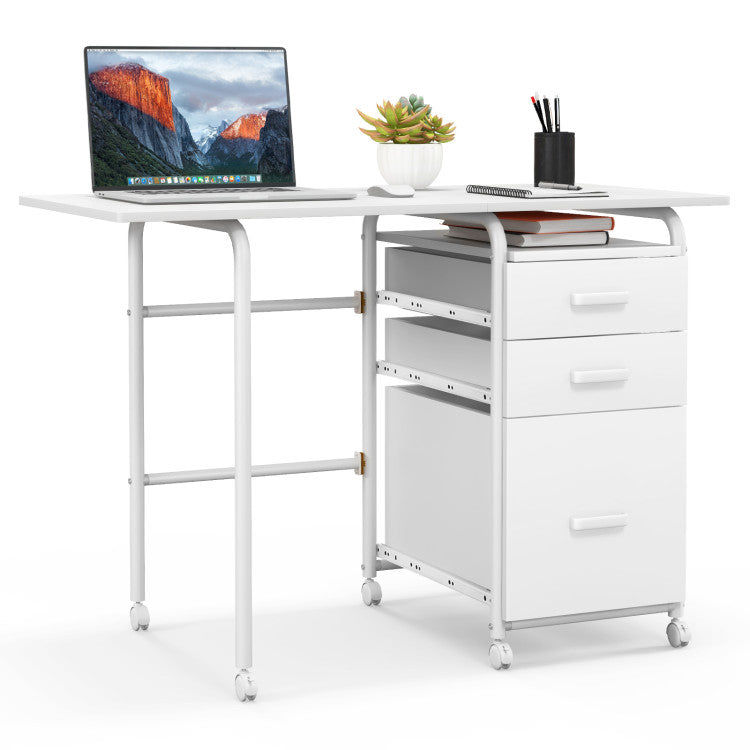 Home Office Folding Laptop Computer Desk with 3 Drawers and Wheels