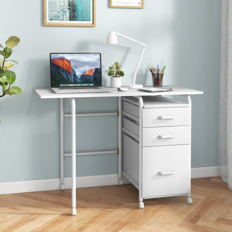 Home Office Folding Laptop Computer Desk with 3 Drawers and Wheels