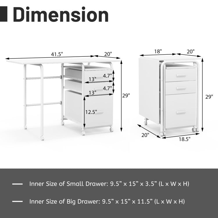 Home Office Folding Laptop Computer Desk with 3 Drawers and Wheels