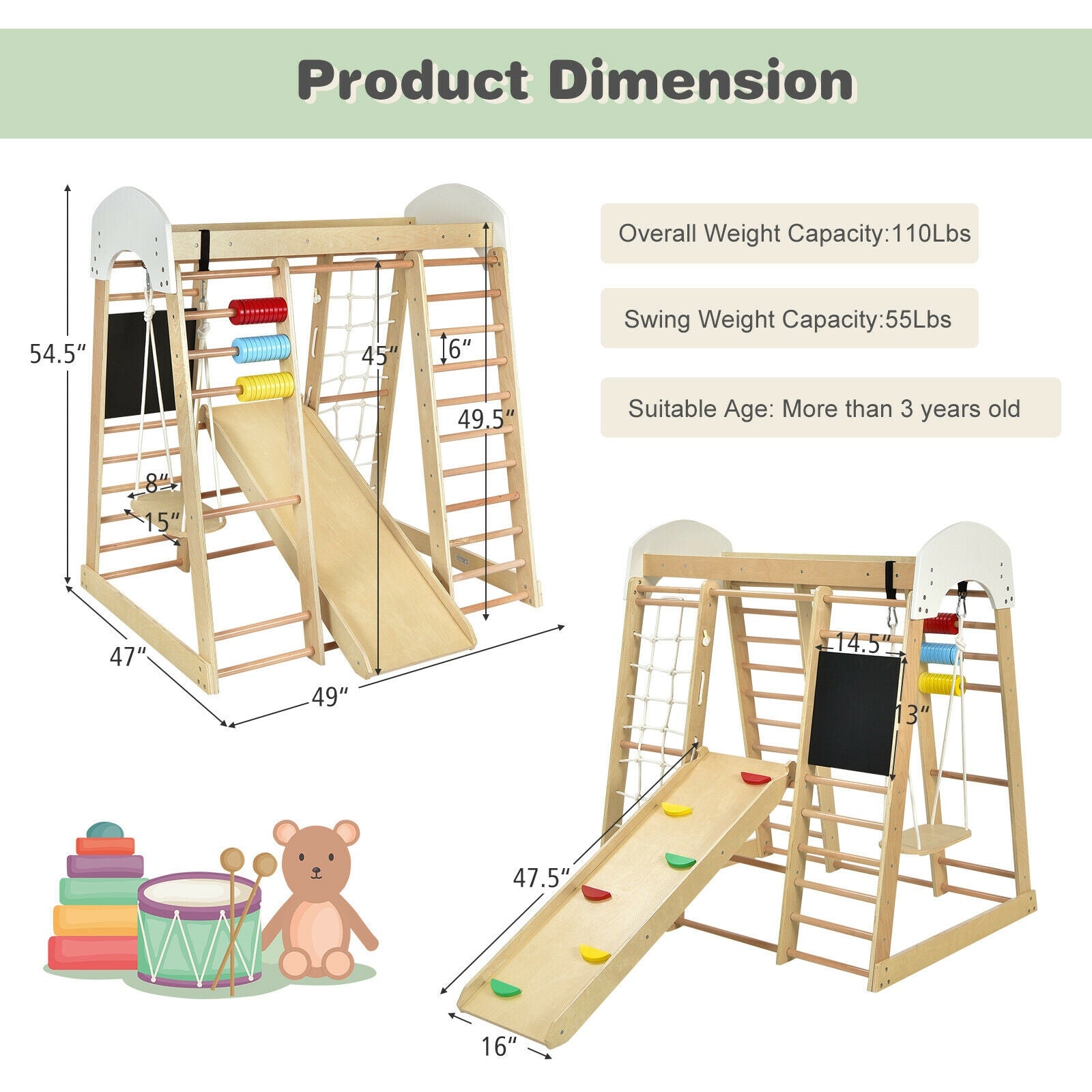 Indoor Playground Climbing Gym Wooden 8 in 1 Climber Playset for Children