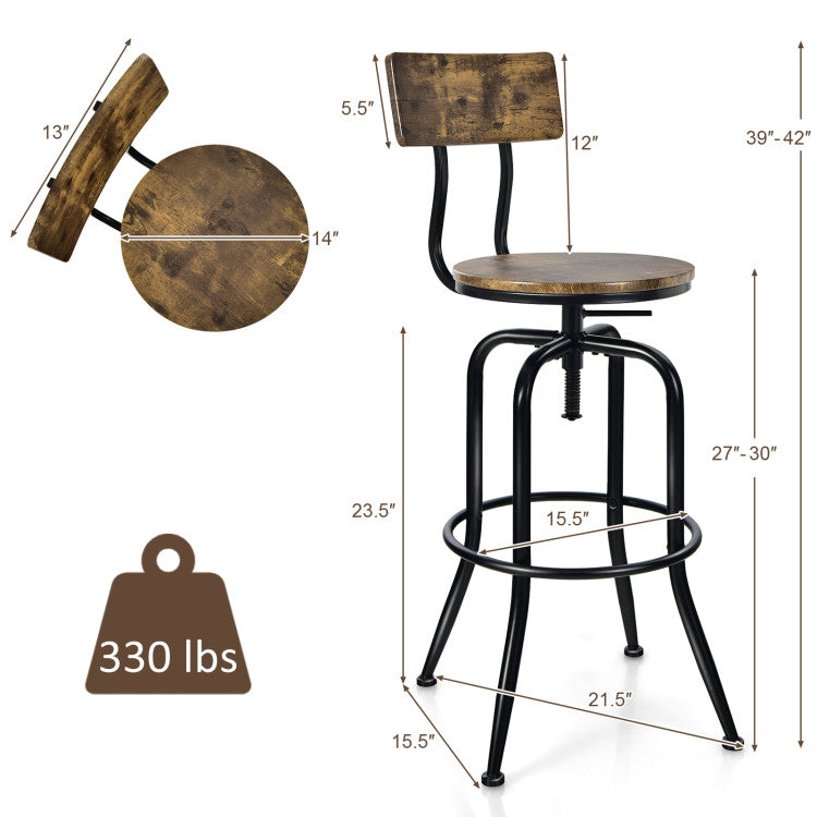 Industrial Style Adjustable Swivel Bar Stool with Arc-Shaped Backrest