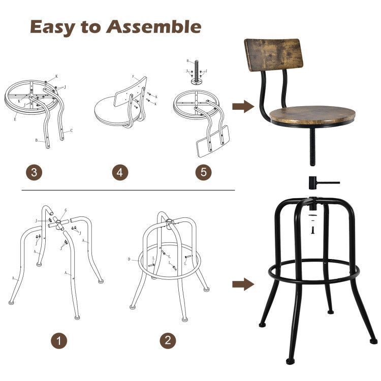 Industrial Style Adjustable Swivel Bar Stool with Arc-Shaped Backrest