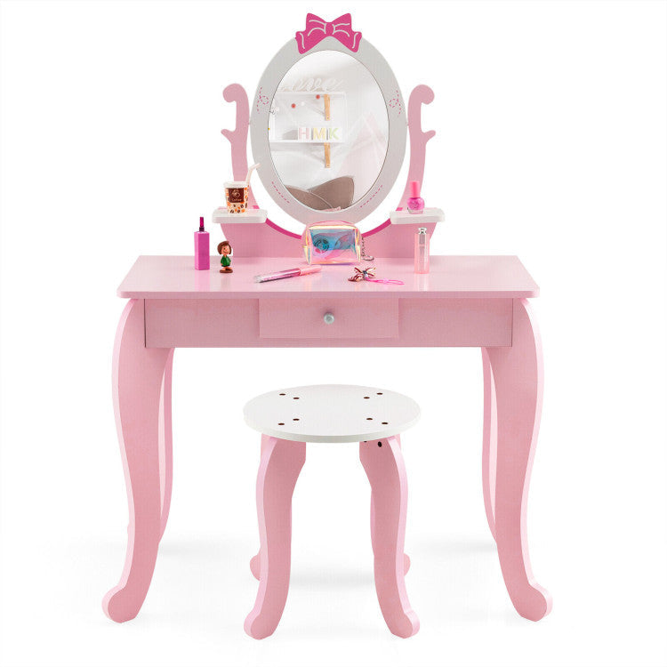 Kid Vanity Table Stool Set with Oval Rotatable Mirror & Drawer