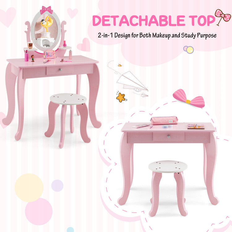 Kid Vanity Table Stool Set with Oval Rotatable Mirror & Drawer