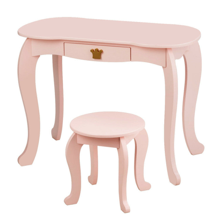 Kids Makeup Dressing Table Stool Set with Tri-folding Mirror and Drawer