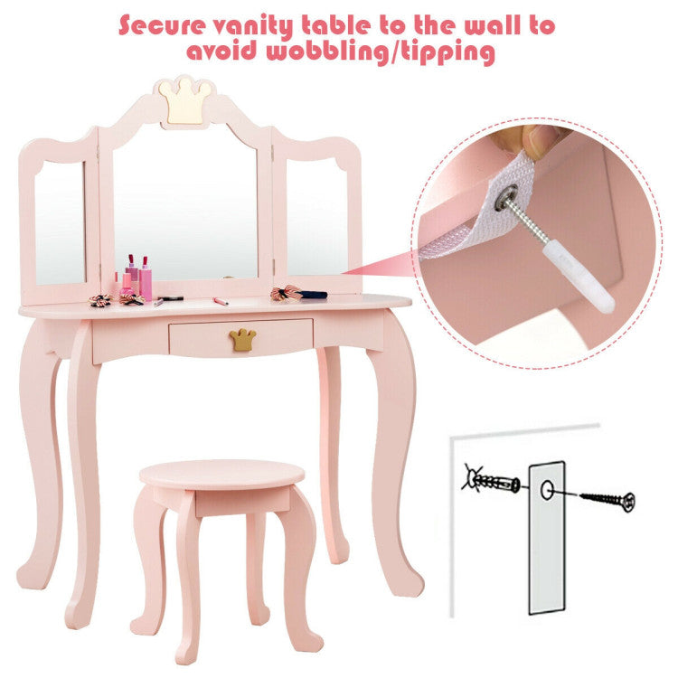 Kids Makeup Dressing Table Stool Set with Tri-folding Mirror and Drawer