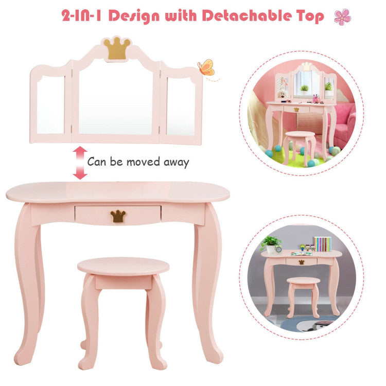 Kids Makeup Dressing Table Stool Set with Tri-folding Mirror and Drawer