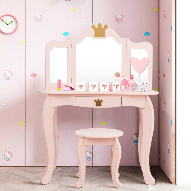 Kids Makeup Dressing Table Stool Set with Tri-folding Mirror and Drawer