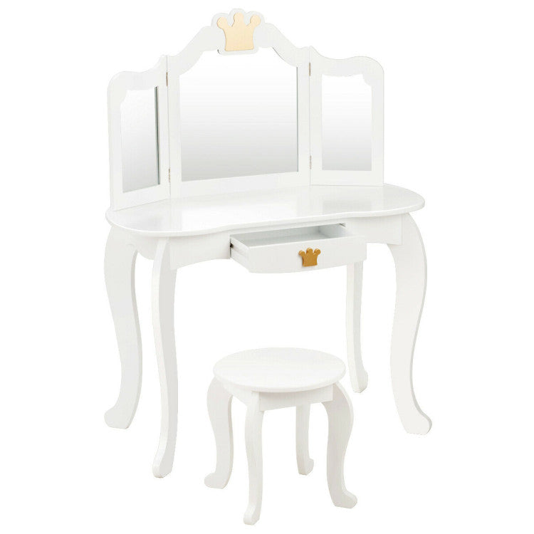 Kids Makeup Dressing Table Stool Set with Tri-folding Mirror and Drawer