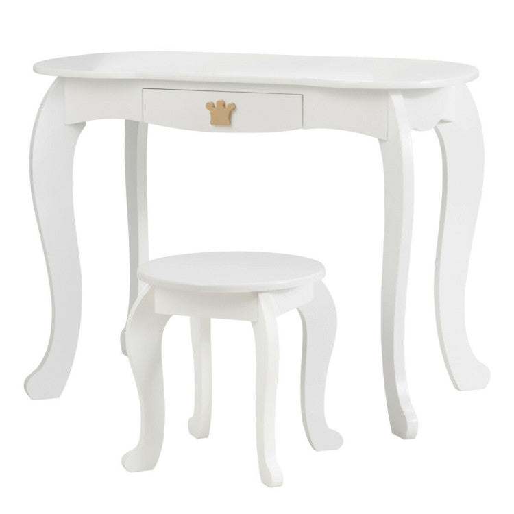 Kids Makeup Dressing Table Stool Set with Tri-folding Mirror and Drawer