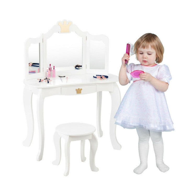 Kids Makeup Dressing Table Stool Set with Tri-folding Mirror and Drawer