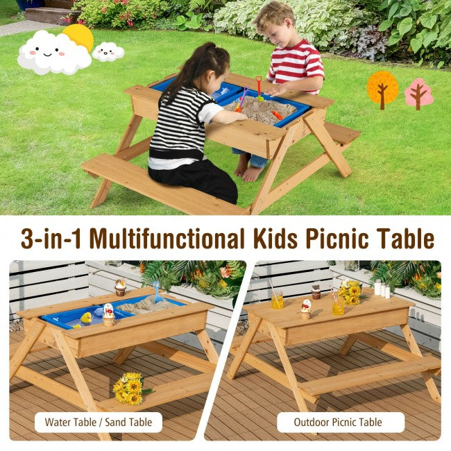 3-in-1 Kids  Wooden Outdoor Picnic Table Water Sand Table with Play Boxes