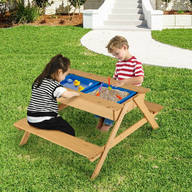 3-in-1 Kids  Wooden Outdoor Picnic Table Water Sand Table with Play Boxes